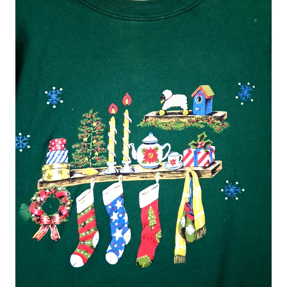 VTG Basic Editions Womens Sweatshirt L Green Christmas Holiday Cozy Cabin Casual